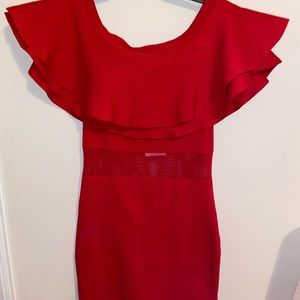 Off the shoulder body con red dress